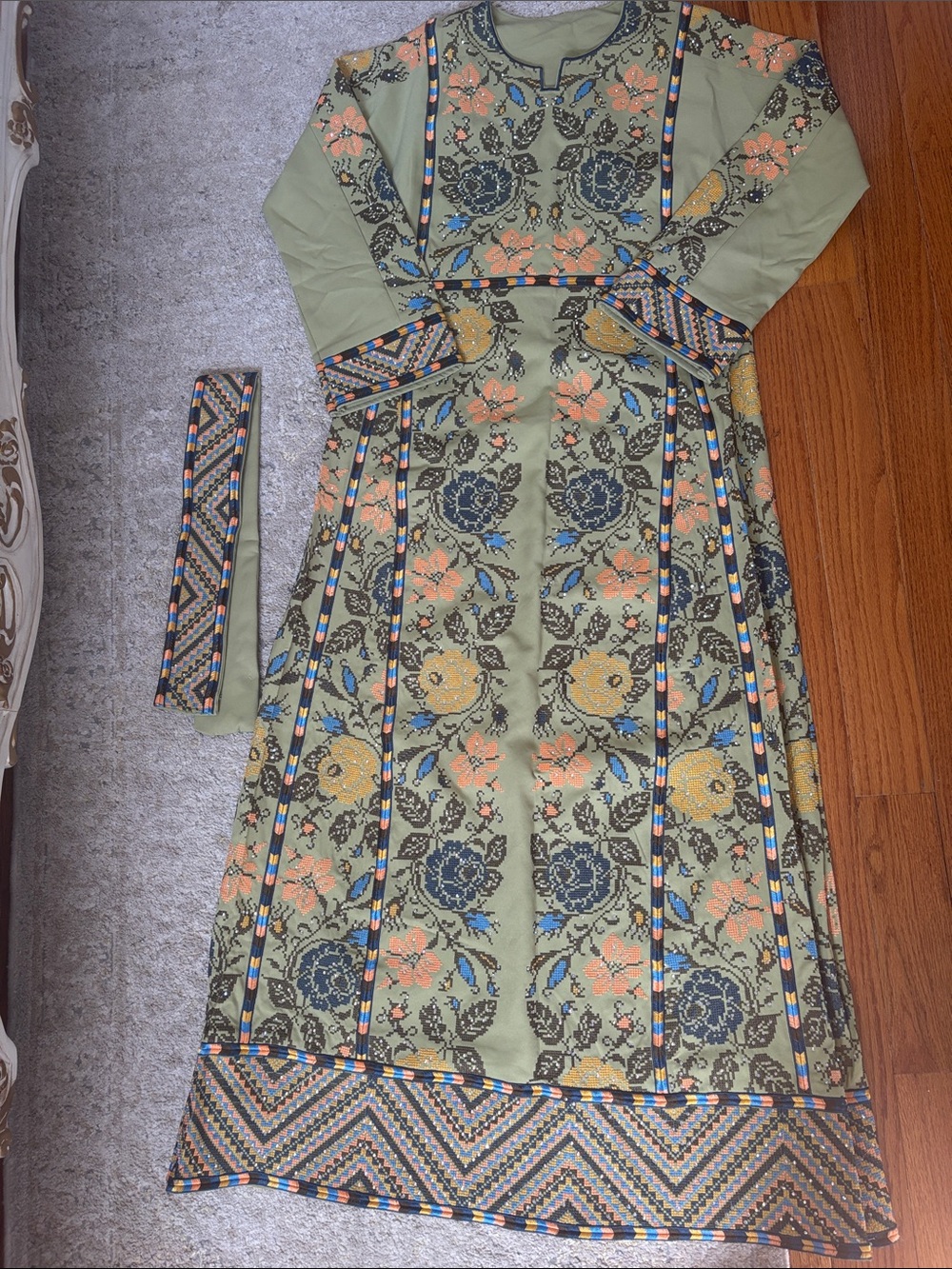 Pistachio Green Floral Embroidered Women’s Palestinian Thobe